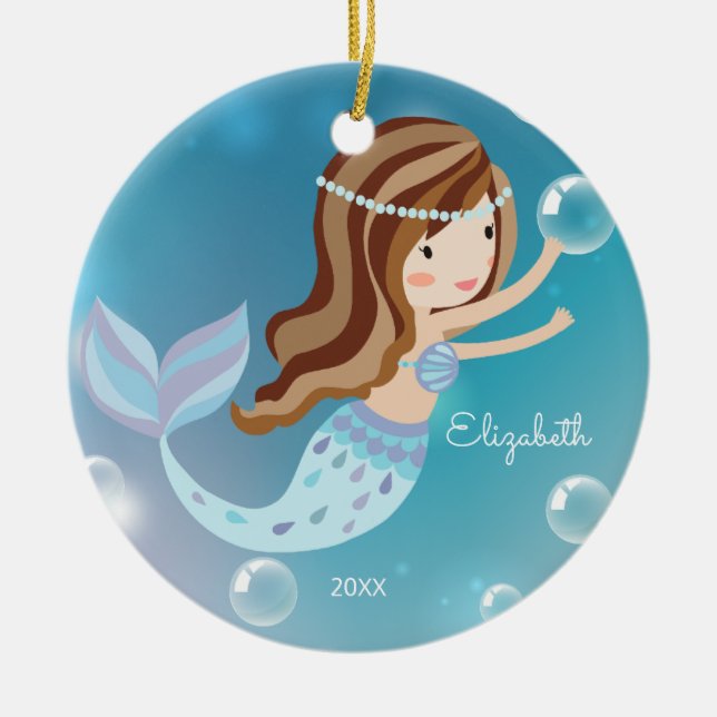 Cute Mermaid Personalized Christmas Ornament (Front)