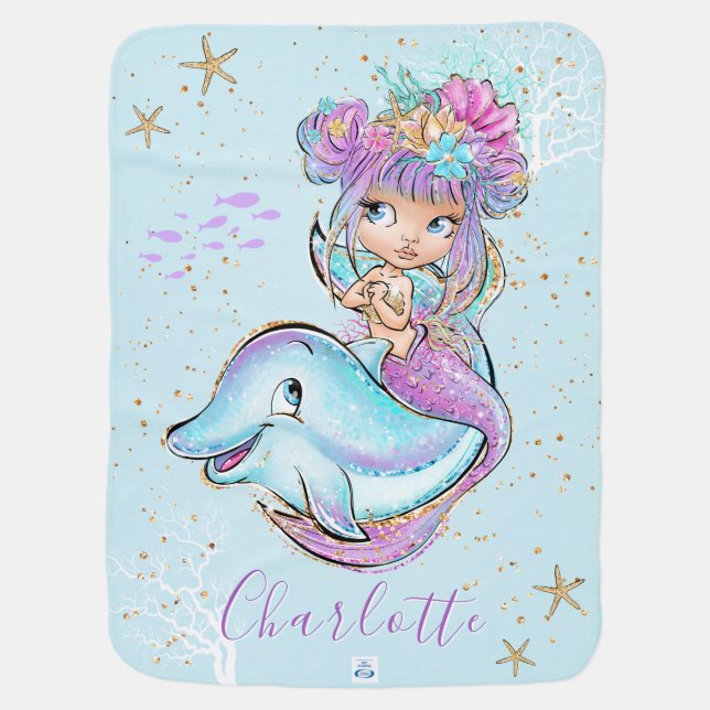 Cute Mermaid Personalized Girl Baby Blanket (Back)