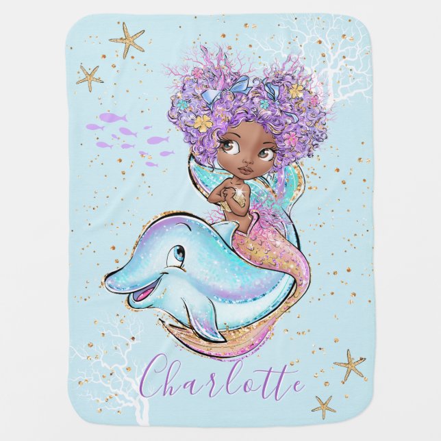 Cute Mermaid Personalized Girl Baby Blanket (Front)