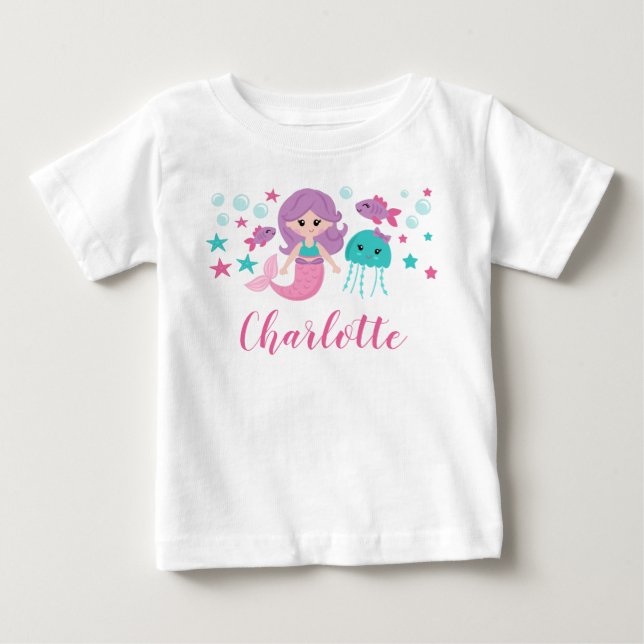 Cute Mermaid Personalized Girl Baby T-Shirt (Front)
