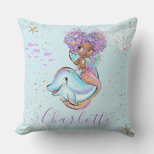 Cute Mermaid Personalized Girl Baby Throw Pillow (Front)