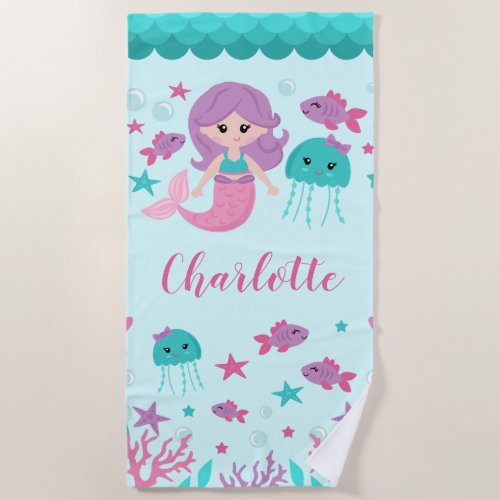 Cute Mermaid Personalized Girl Beach Towel