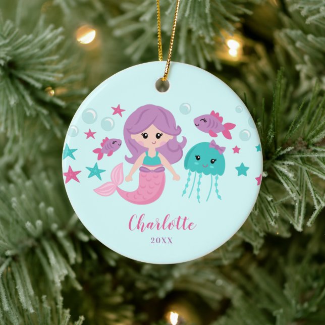 Cute Mermaid Personalized Girl Ceramic Ornament (Tree)