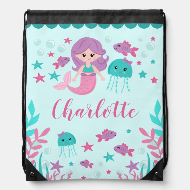 Cute Mermaid Personalized Girl Drawstring Bag (Front)