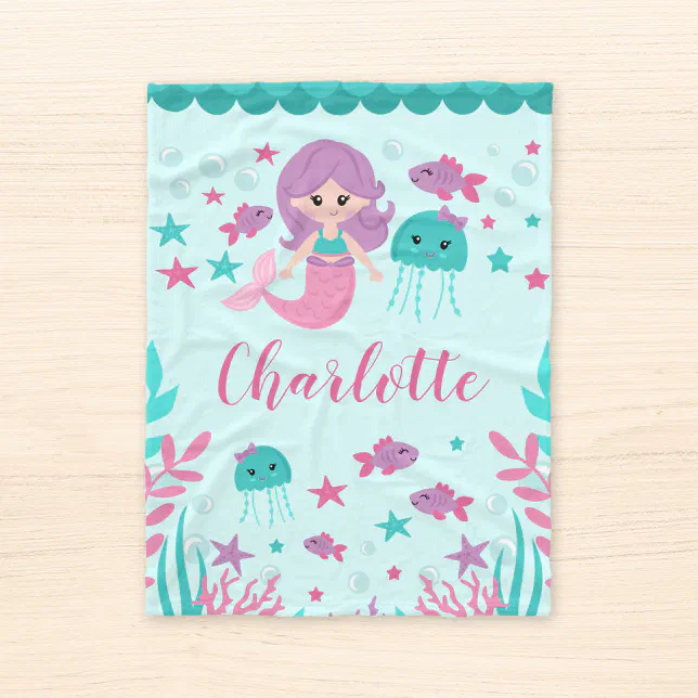 Cute Mermaid Personalized Girl Fleece Blanket | Zazzle