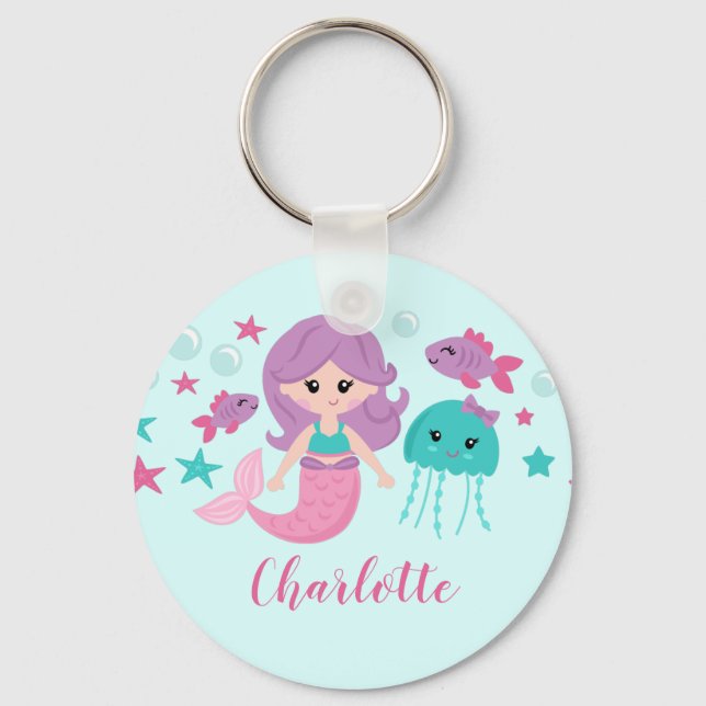 Cute Mermaid Personalized Girl Keychain (Front)