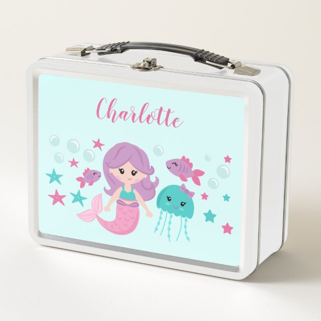 Cute Mermaid Personalized Girl Metal Lunch Box (Front)
