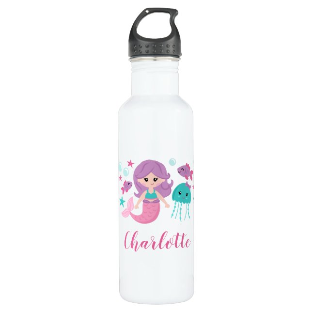 Cute Mermaid Personalized Girl Stainless Steel Water Bottle (Front)