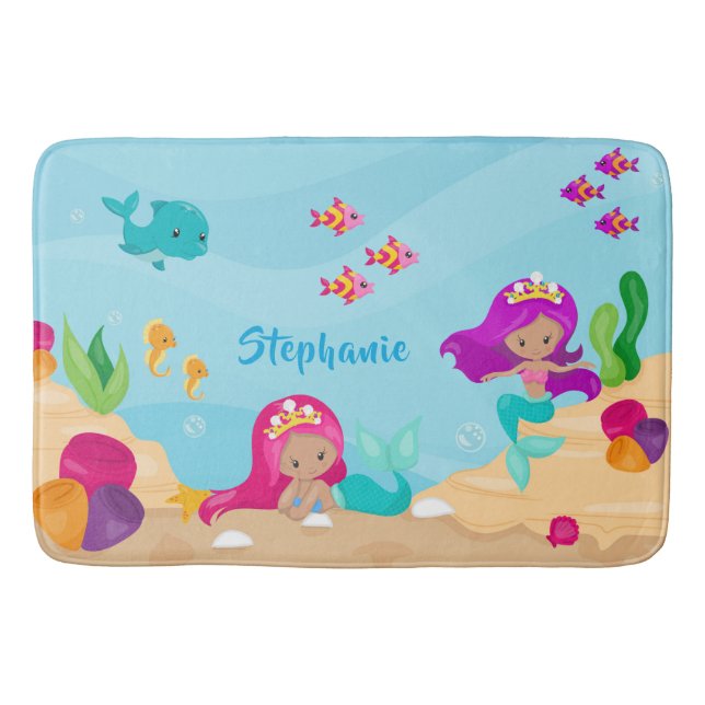 Cute Mermaid Personalized Girly Under the Sea Bath Mat (Front)