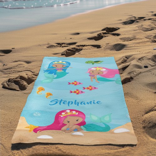 Cute Mermaid Personalized Girly Under the Sea Beach Towel