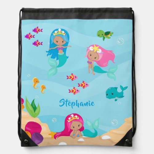 Cute Mermaid Personalized Girly Under the Sea Drawstring Bag