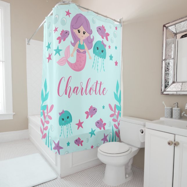 Cute Mermaid Personalized Kids Shower Curtain (In Situ)
