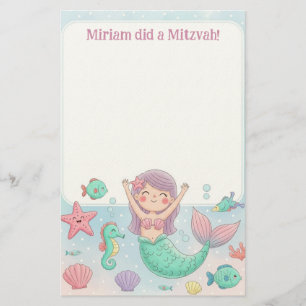 Cute Mermaid Personalized Mitzvah Note Stationery