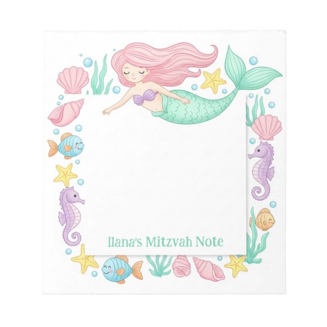 Cute Mermaid Personalized Mitzvah Notepad (Front)