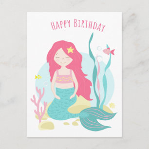 Cute Mermaid Pink and Mint Birthday for Girl Postcard