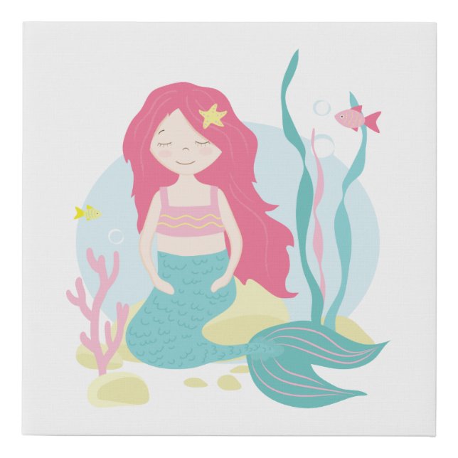 Cute Mermaid Pink and Mint Faux Canvas Print (Front)