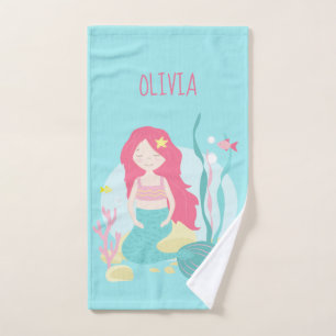 Cute Mermaid Pink and Mint Hand Towel