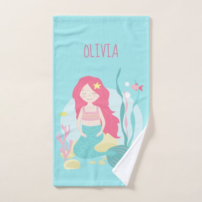    Cute Mermaid Pink and Mint  Hand Towel (Hand Towel)