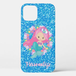 Cute Mermaid Pink Blue Glitter Personalize iPhone 12 Pro Case