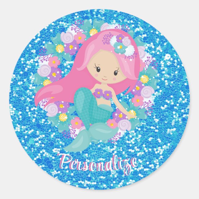 Cute Mermaid Pink Blue Glitter Personalize Classic Round Sticker (Front)