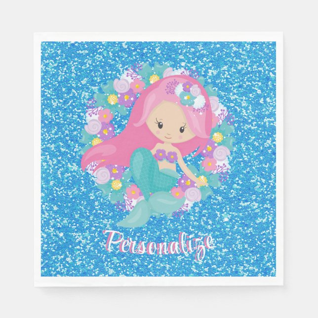 Cute Mermaid Pink Blue Glitter Personalize Napkins (Front)