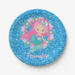 Cute Mermaid Pink Blue Glitter Personalize Paper Plates