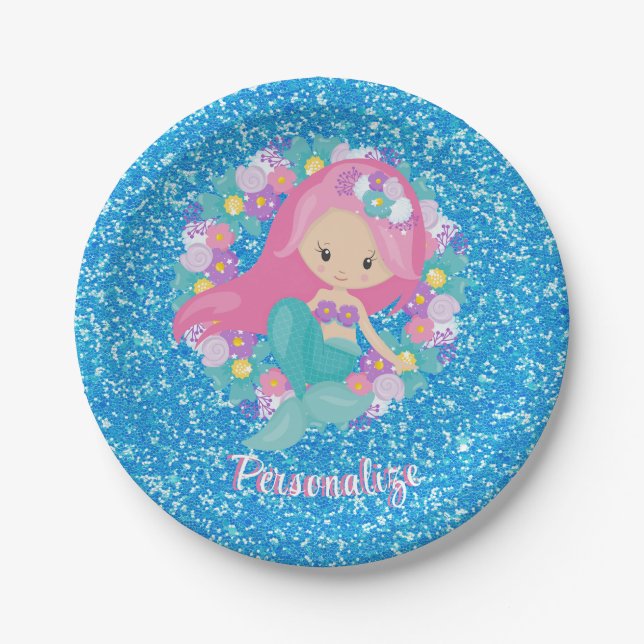 Cute Mermaid Pink Blue Glitter Personalize Paper Plates (Front)