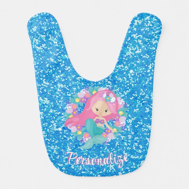 Cute Mermaid Pink Blue Glitter Personalized Baby Bib (Front)