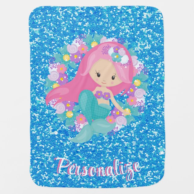 Cute Mermaid Pink Blue Glitter Personalized Baby Blanket (Front)