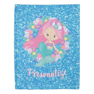 Cute Mermaid Pink Blue Glitter Personalized Duvet Cover
