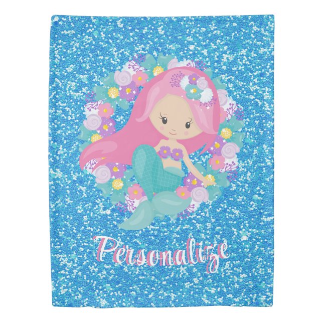 Cute Mermaid Pink Blue Glitter Personalized Duvet Cover (Front)