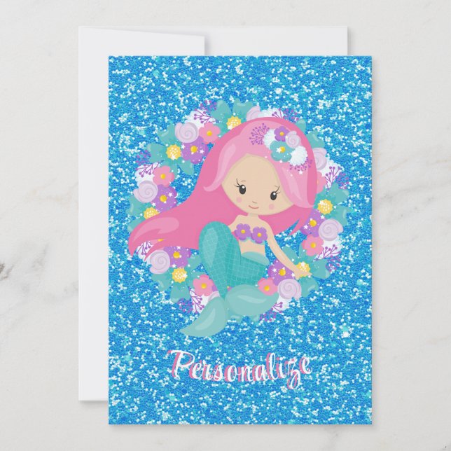 Cute Mermaid Pink Blue Glitter Personalized Invitation (Front)