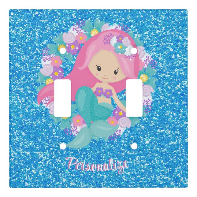 Cute Mermaid Pink Blue Glitter Personalized Light Switch Cover (Front)