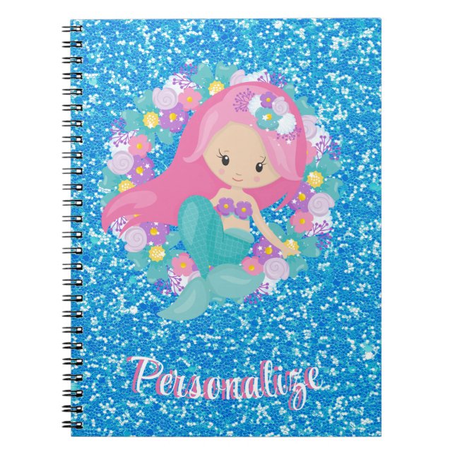 Cute Mermaid Pink Blue Glitter Personalized Notebook (Front)
