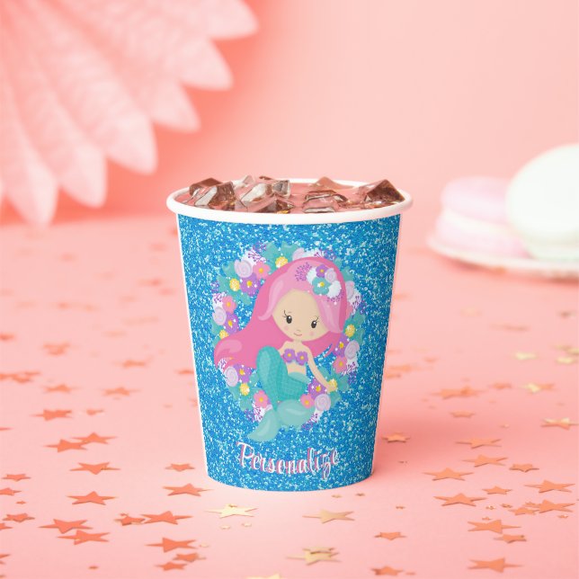 Cute Mermaid Pink Blue Glitter Personalized Paper Cups (Insitu)
