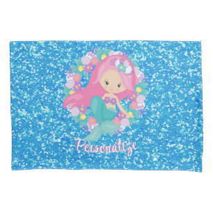 Cute Mermaid Pink Blue Glitter Personalized Pillow Case