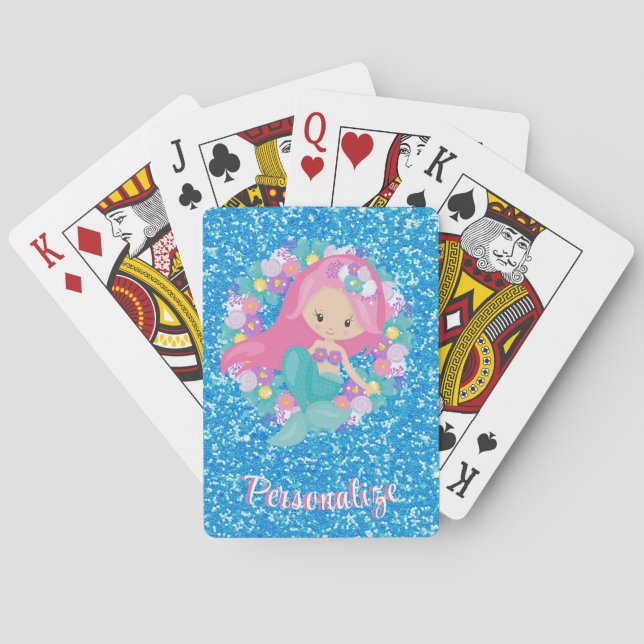 Cute Mermaid Pink Blue Glitter Personalized Poker Cards (Back)