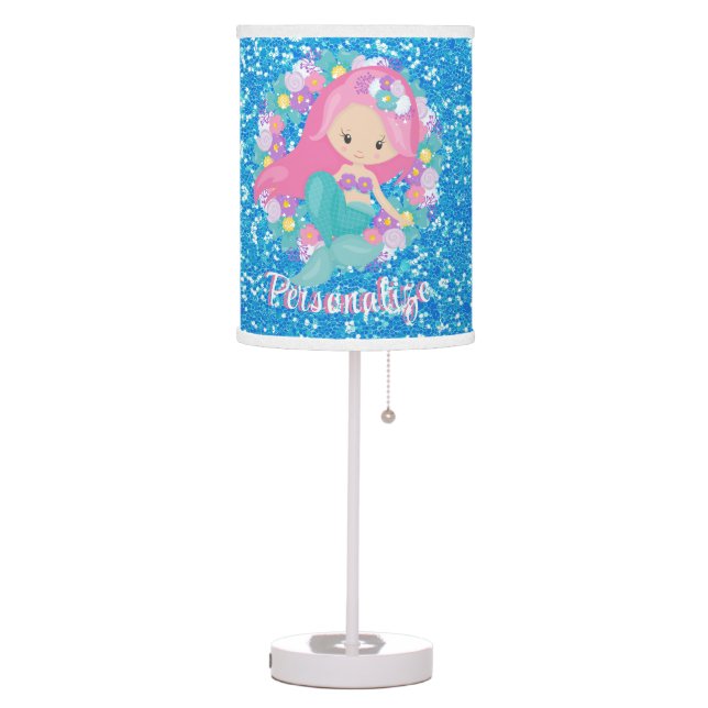 Cute Mermaid Pink Blue Glitter Personalized Table Lamp (Left)