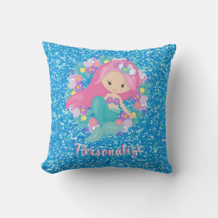 Cute Mermaid Pink Blue Glitter Personalized Throw Pillow