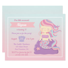 Cute Mermaid Pink Blue Ombre Girls Birthday Party Card