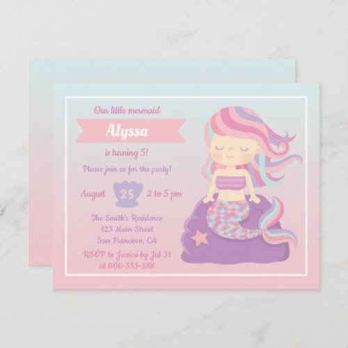 Cute Mermaid Pink Blue Ombre Girls Birthday Party Invitation