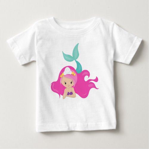 Cute Mermaid Pink Hair Little Mermaid Starfish  Baby T_Shirt