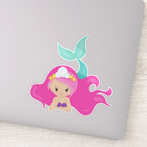 Cute Mermaid Pink Hair Little Mermaid Starfish Sticker