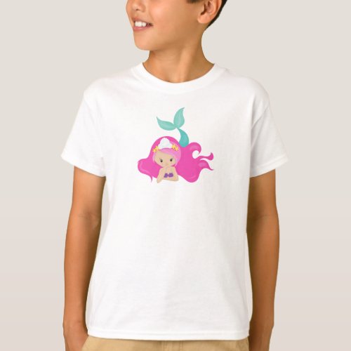Cute Mermaid Pink Hair Little Mermaid Starfish  T_Shirt