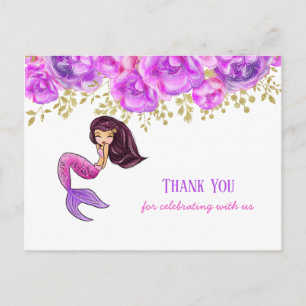 Cute Mermaid Pink Peonies Floral Thank You Postcard