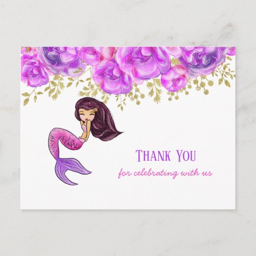 Cute Mermaid  Pink Peonies Floral Thank You Postcard