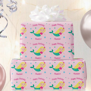 Cute Mermaid Pink Personalized Birthday Wrapping P Paper