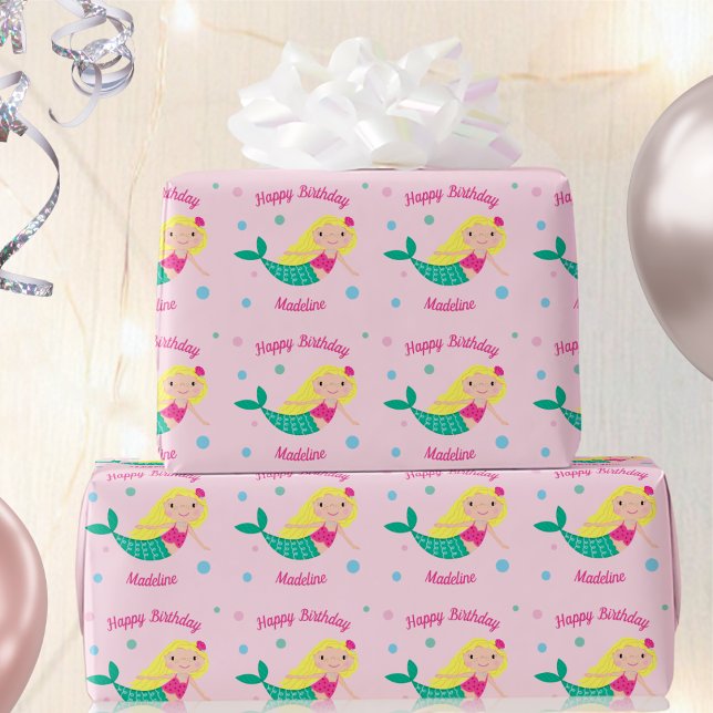 Cute Mermaid Pink Personalized Birthday Wrapping P Wrapping Paper (Creator Uploaded)