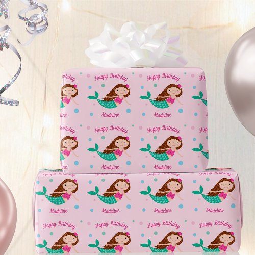 Cute Mermaid Pink Personalized Birthday Wrapping Paper
