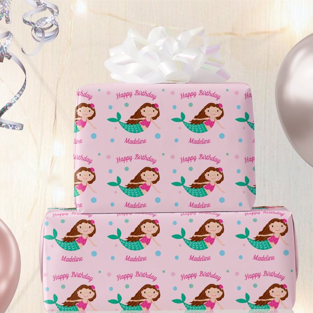 Cute Mermaid Pink Personalized Birthday Wrapping Paper (Creator Uploaded)